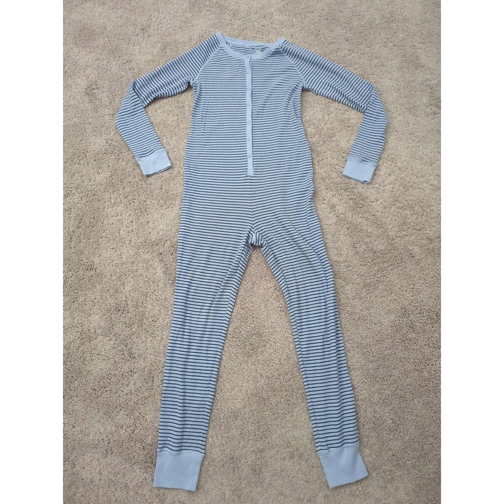 Jockey Union Suit Mens M Blue Black Striped Contrast Cuffs Thermal Sleep Lounge